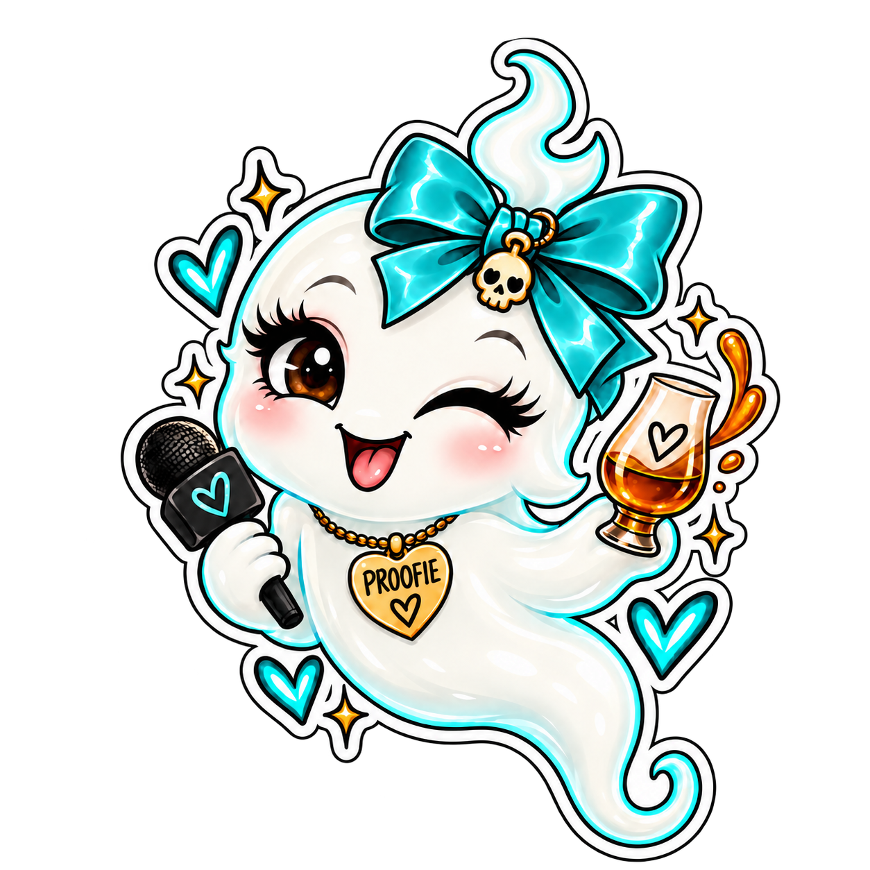 Proofie, the tiny ghost mascot holding a microphone and bourbon glass